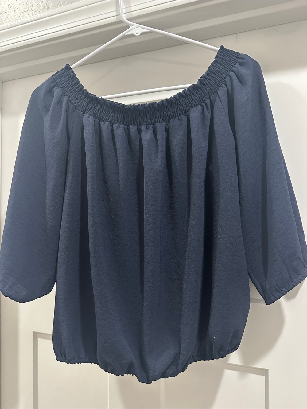 Veronica M Navy Off-Shoulder Elasticated Peasant Top